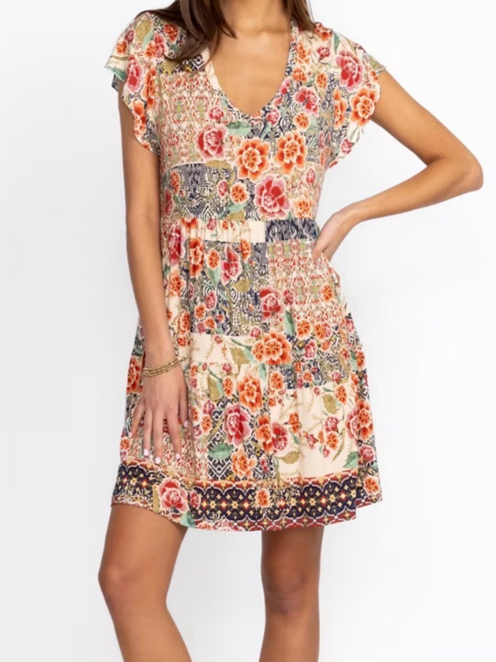 Johnny Was Aztec Flower Tiered Hem Dress